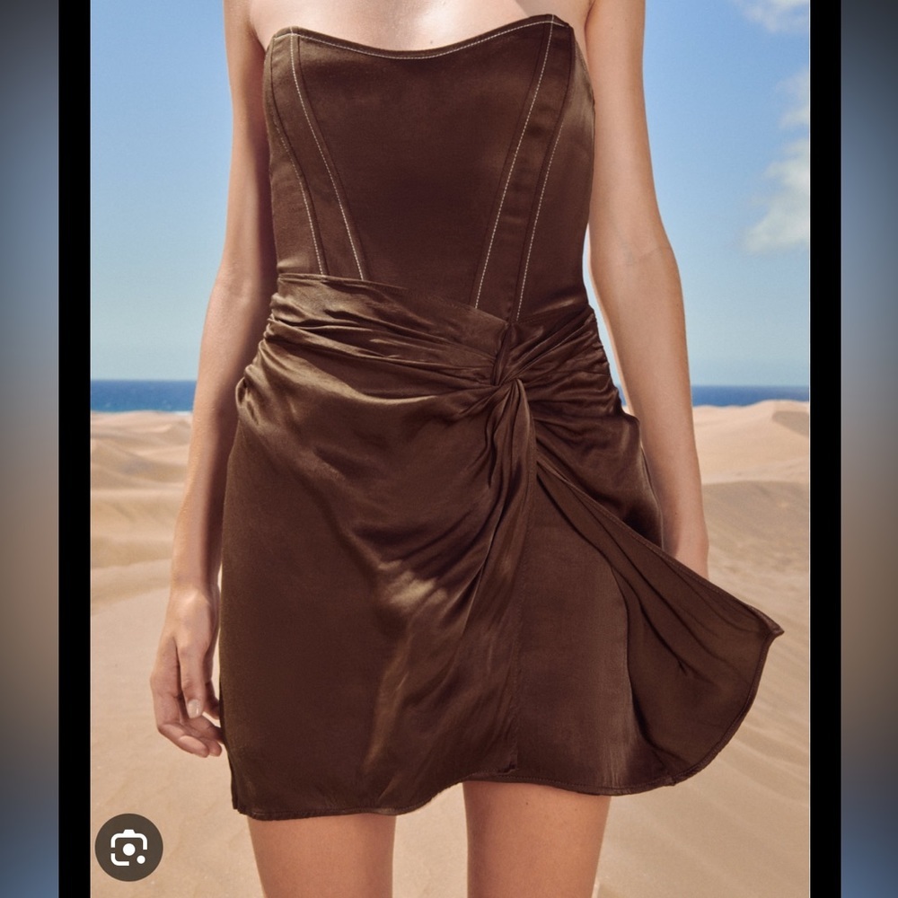 Zara brown satin mini dress with corset and white topstitching​